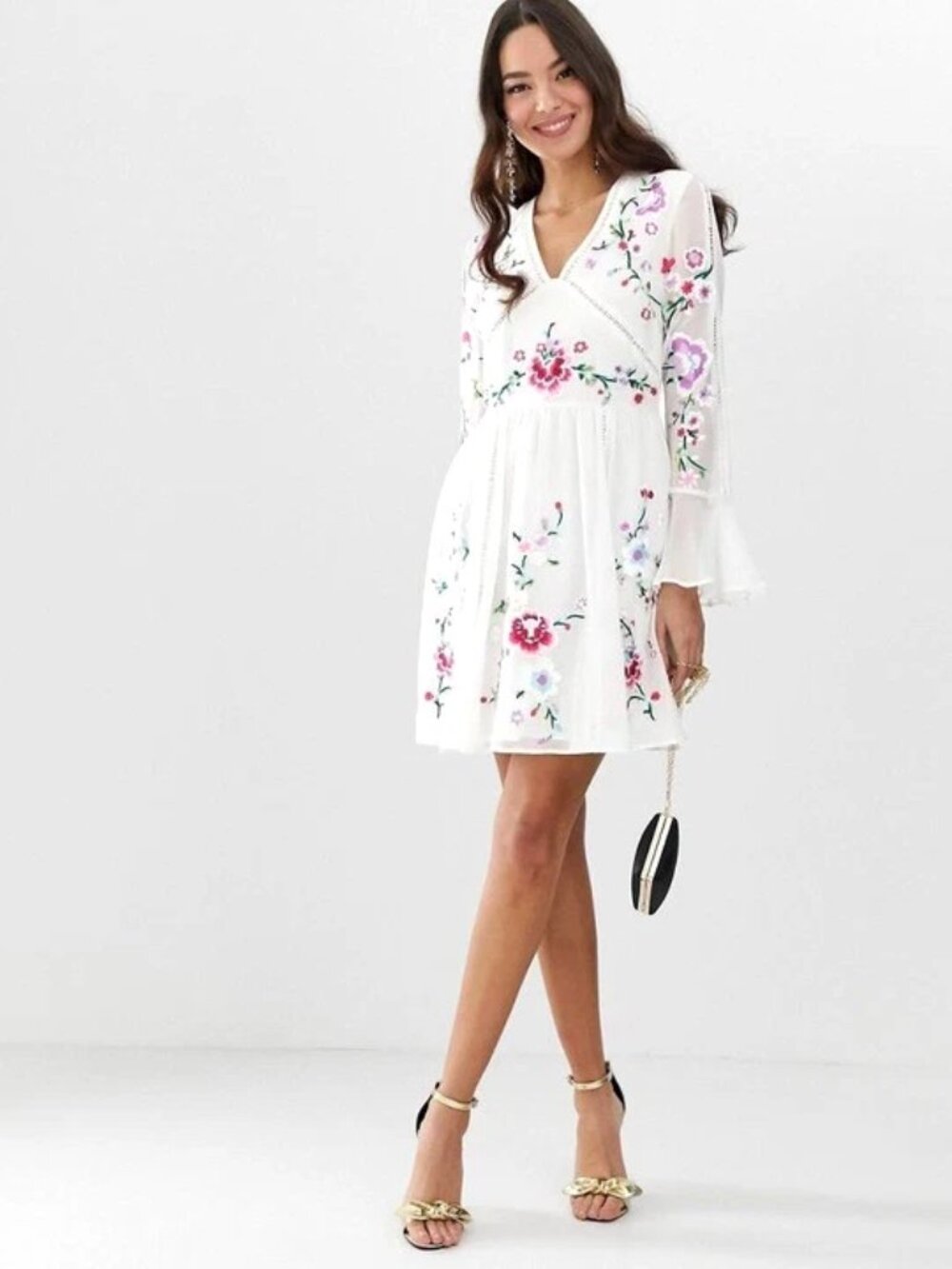 ✨ $189 Modern ASOS Anthropologie Bell Sleeve Embroidery Mini Boho Rio Dress NEW!